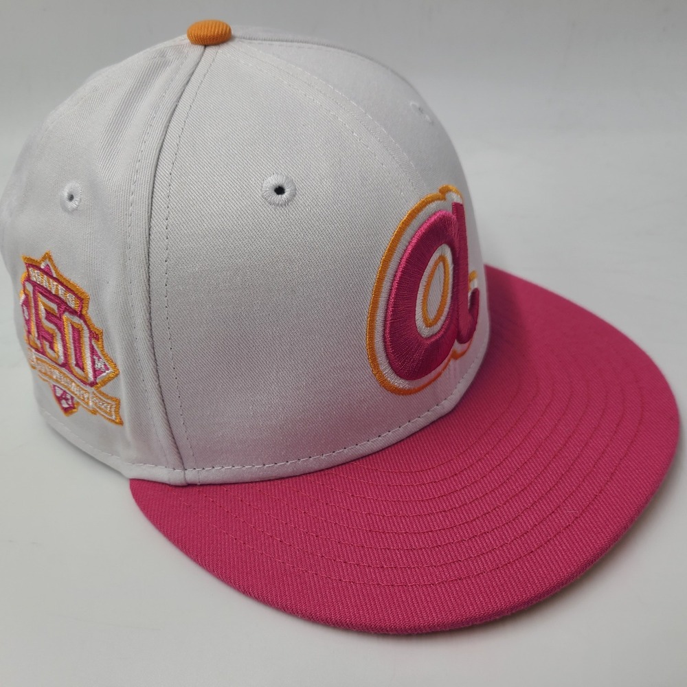 Atlanta Braves Hat Fitted 7 1/4 New Era 59Fifty White 150th Anniversary Patch